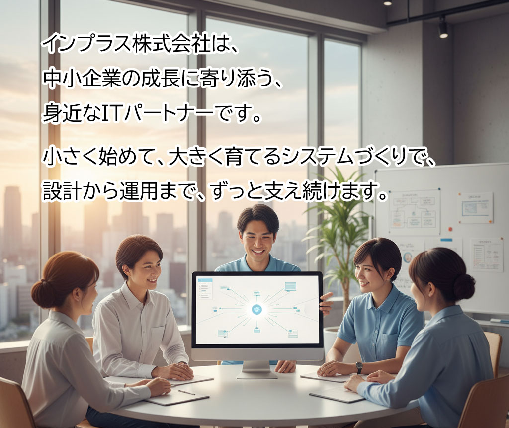 インプラス株式会社は、中小企業の成長に寄り添う、身近なITパートナーです。小さく始めて、大きく育てていくシステムづくりで、設計から運用まで、ずっと支え続けます。
